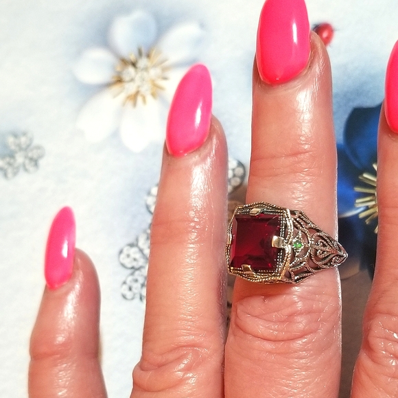 𝅺GORGEOUS! Deco Revival Filigree Ruby Aussie Opal Sterling Ring - Picture 6 of 7